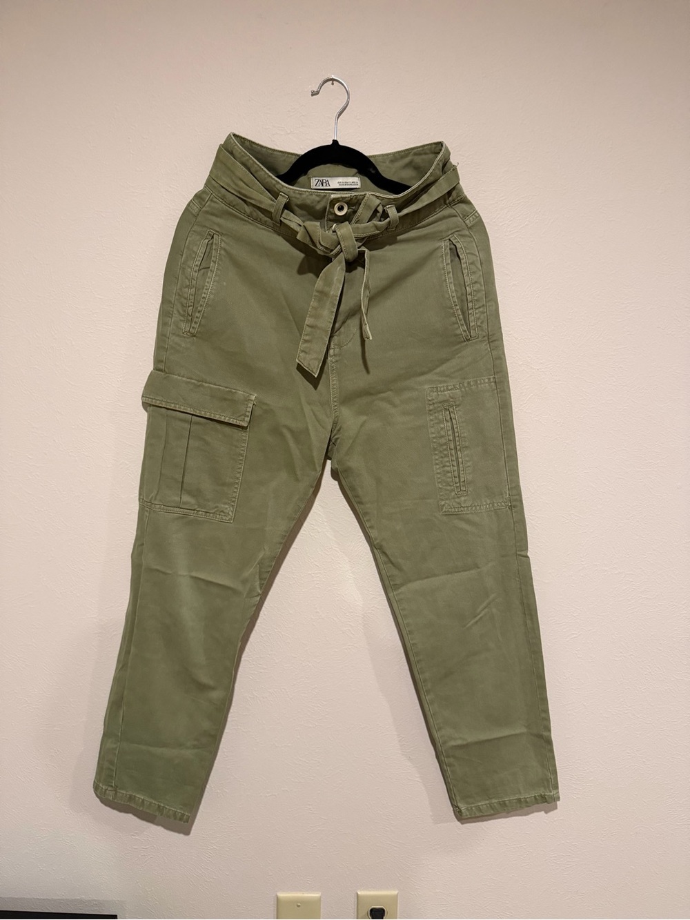 Zara Sage Green Utility Cargo Pants with Tie Belt